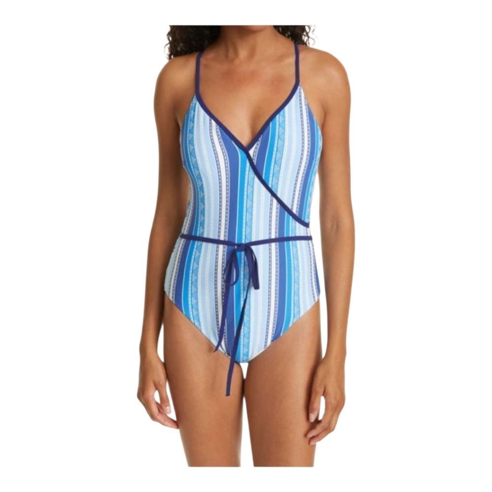Lemlem Eshal Wrap Effect Stretch Jacquard‎ Swimsuit Blue Striped Swimsuit
